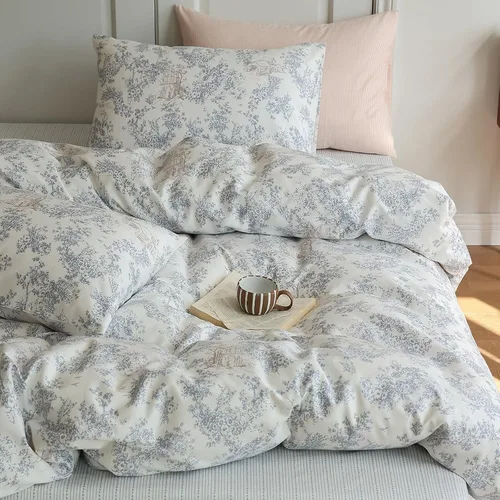 Vista 77 de Juego de funda de edredón blanca con estampado floral azul, juego de ropa de cama de algodón suave estilo bohemio, juego de ropa de cama estética