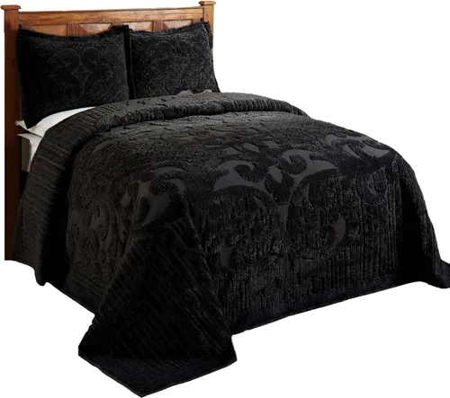 Vista 2 de Better Trends Colección Ashton - Colchas de chenilla con mechones, tamaño individual, color negro, 100% algodón, diseño de medallón de chenilla