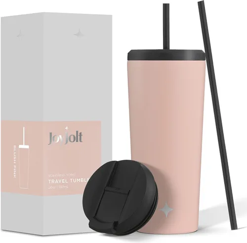 Vista 9 de JoyJolt Vaso de 20 onzas con triple aislamiento con tapa y popote (2 cada uno) de acero inoxidable de doble pared al vacío, con forro de cobre