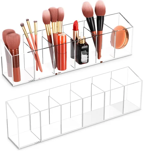 Vista 7 de Acina Organizador de brochas de maquillaje transparente, 2 unidades, acrílico, 3 ranuras, organizador de almacenamiento de cepillos cosméticos