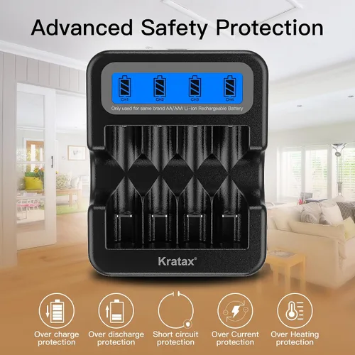 Vista 3 de Kratax Cargador de batería inteligente para baterías de litio recargables AA o AAA de voltaje constante de 1.5 V, 2.5 h de carga rápida, no para uso
