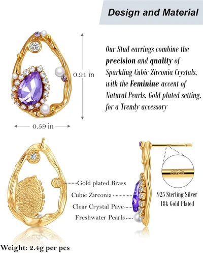 Vista 6 de Pendientes morados para mujer, aretes morados y dorados para mujer con circonita de amatista en forma de lágrima, perlas y pavés de cristal, aretes