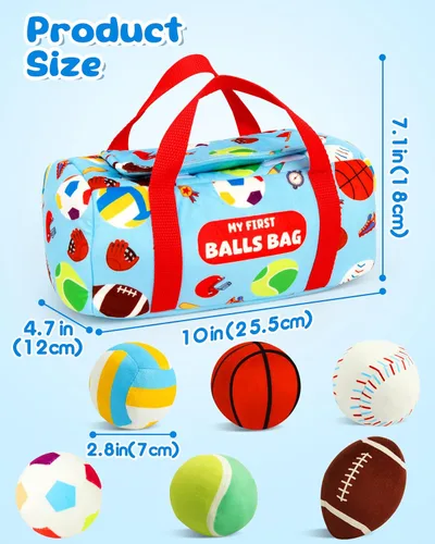Vista 5 de Vanmor Pelotas deportivas sensoriales para bebés de 6 a 12 meses, paquete de 6 bolas de felpa lavables a máquina con arrugados, sonajeros, sonidos