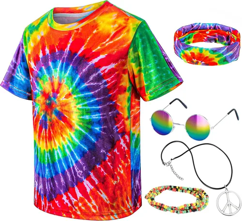 Vista 4 de Disfraz hippie para hombre Momen 60s 70s playera colorida 5 piezas accesorios para fiesta temática