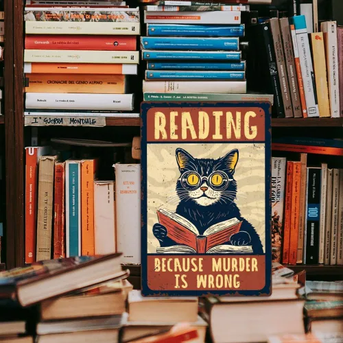 Vista 6 de 1 letrero de metal vintage de 8 x 12 pulgadas con diseño de gato retro con texto en inglés "Reading Because Murder is Wrong", póster