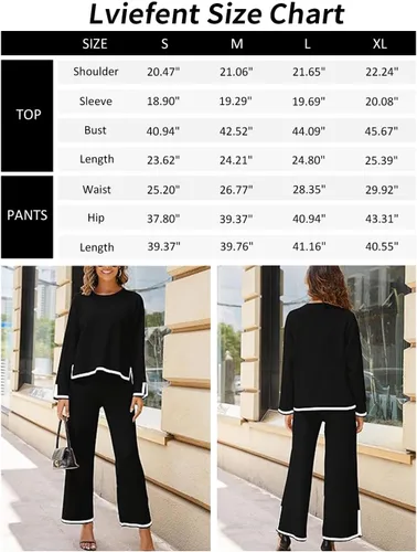 Vista 5 de Lviefent Conjunto de suéter de manga larga para mujer, suéter de punto, pantalones de pierna ancha, conjunto de 2 piezas para descansar