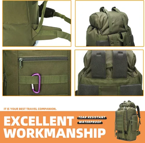 Vista 8 de Mochila de senderismo y camping, mochila MOLLE impermeable para viajes (verde militar)