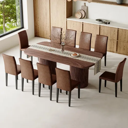 Vista 35 de Mesa de comedor extra larga de 78.7 pulgadas para 6-10 personas, mesa de cocina moderna con bases estriadas, mesa de comedor rectangular de granja