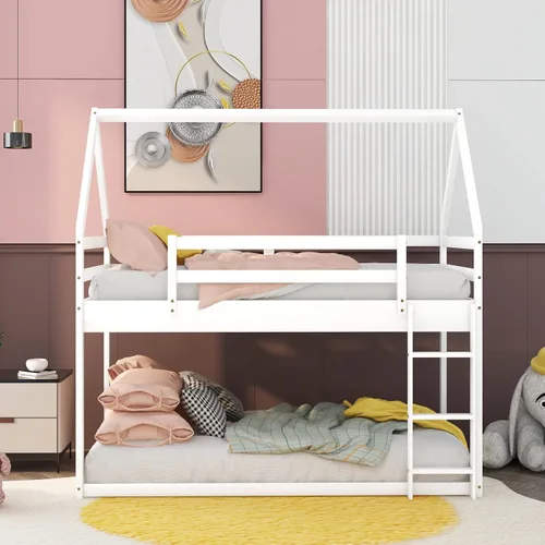 Vista 10 de Harper & Bright Designs Litera baja de tamaño individual sobre individual, marco de cama de madera para casa, escalera integrada, barandilla, techo