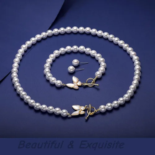 Vista 2 de la luen Pearl Necklace Set for Women,8mm Round Shell pearls Necklace Bracelet Earrings Jewelry for Mom Wife