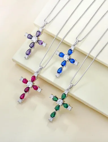 Vista 5 de YL Collar de cruz de plata de ley 925 con colgante de piedra natal religiosa para mujer