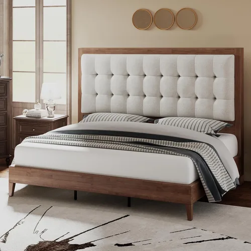 Vista 11 de Jocisland - Base de cama matrimonial de madera maciza, cabecera tapizada de 50 pulgadas de alto, color gris ceniza