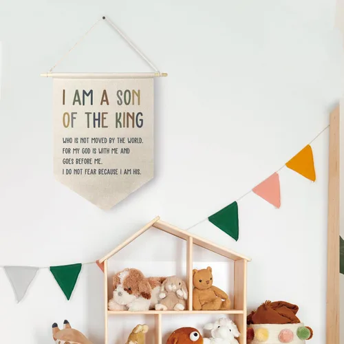 Vista 4 de Qpenm Cartel de lona colgante de pared con texto en inglés "I Am a Son of the King", estampado de banderines colgantes con cita de aliento