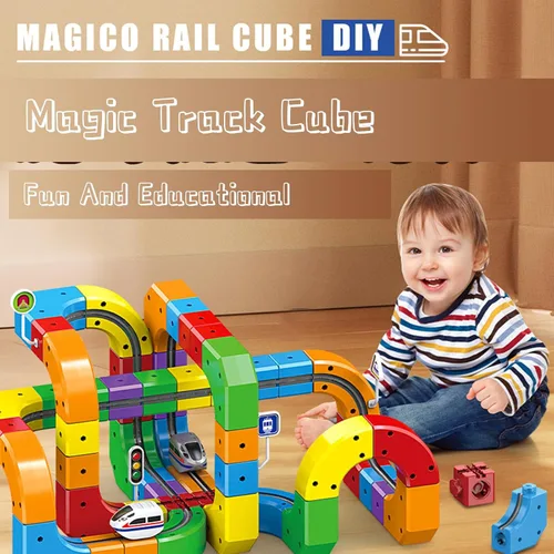 Vista 6 de Juego de tren eléctrico con riel de succión magnética, pista de carreras flexible mágica 3D, 123 piezas de bloques de pista de carreras