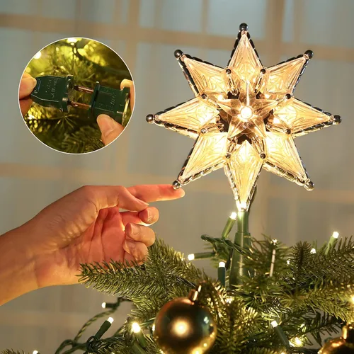 Vista 4 de Brizled Decoración para árbol de Navidad con estrella de 8" iluminada de doble cara, estrella de 8 puntas con 10 luces cálidas, estrella de Navidad