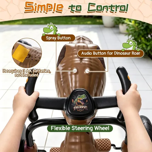 Vista 6 de Costzon Dinosaur Kids Pedal Car Go Kart con luces, rocío de niebla Marrón