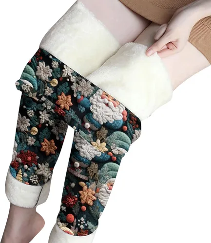 Vista 6 de Leggings de felpa y gruesos para mujer, estampado 3D, pantalones largos de Navidad de cintura alta, pantalones deportivos de cintura elástica