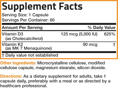 Vista 8 de Bronson Suplemento de Vitamina K2 D3 (MK7) Fórmula No-GMO Vitamina D3 5000IU (125 mcg) y 90 mcg K2 MK-7, Complejo D y K Fácil de Tragar, 60 Cápsulas