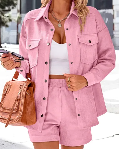Vista 7 de KIRUNDO Conjunto casual de dos piezas para mujer, de manga larga, chaqueta y pantalones cortos