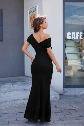 Vista 2 de ZonJie Vestido formal para mujer, sexy, elegante, manga corta, hombros descubiertos, entallado, largo, para fiesta de noche, boda, invitada