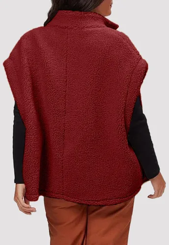 Vista 5 de Hongqizo - Chaleco de forro polar mullido para mujer, casual, de gran tamaño, cálido, con botones, chaqueta de sherpa con bolsillos