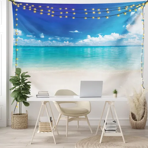 Vista 6 de Lunarable Tapiz oceánico, playa de arena costera natural y costa caribeña vista del paraíso celestial, decoración de tela para colgar en la pared