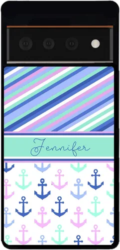 Vista 9 de Nautical Anchors Pin Stripes - Funda de goma negra personalizada para teléfono compatible con Google Pixel 10, 10 Pro, 10 Pro XL, 9a, 9 Pro, Pixel