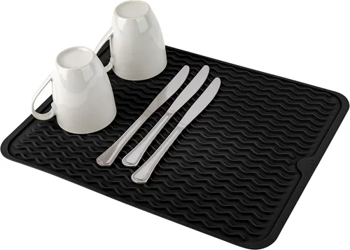 Vista 8 de Oizeir Tapete de silicona para secar platos, agujero de drenaje, antideslizante, resistente al calor, plegable. Ideal para platos, fregadero de Gris