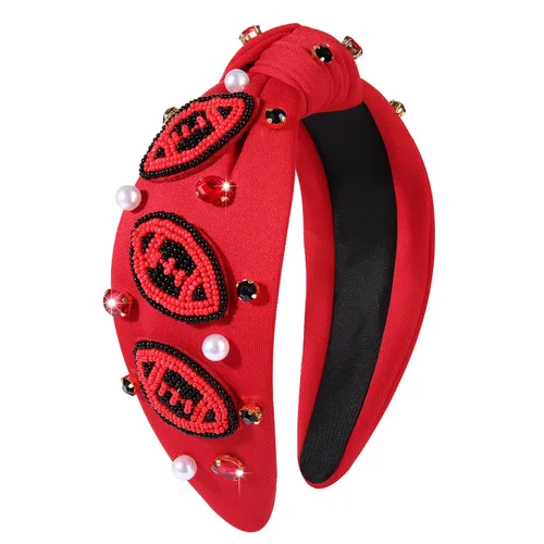 Vista 5 de Diademas anudadas de fútbol para mujer, diadema deportiva para el día del juego, diadema de cristal perlado con nudo superior ancho, accesorios