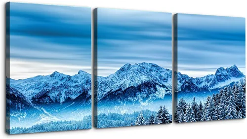 Vista 15 de YONICA Lienzo decorativo de 3 paneles para decoración de oficina en casa, hermoso paisaje con árboles nevados, impresiones en lienzo HD Giclée