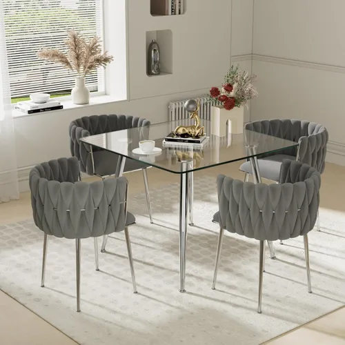 Vista 48 de Juego de mesa de comedor de cristal plateado para 2, juego de mesa cuadrada de lujo moderno de 36 pulgadas, juego de mesa de cocina minimalista de 3