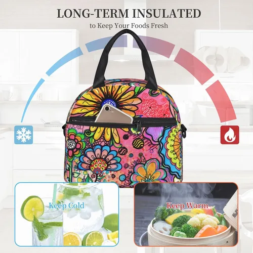 Vista 5 de Bolsa de almuerzo con diseño de flores de arte hippie reutilizable, aislada, lonchera con correa ajustable para el hombro, para oficina, trabajo