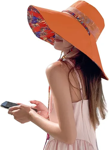Vista 6 de Sombreros de sol de ala extra ancha de 6 pulgadas con protección UV UPF 50+ y correa para sombrero de playa para mujer