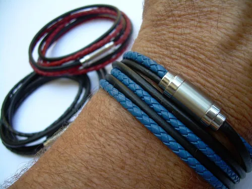 Vista 5 de Handmade Triple Leather Wrap Bracelet with Stainless Steel Magnetic Matte Clasp - Genuine Leather Bracelet for Men - Available sizes: 6,6.5,7,7.5,8