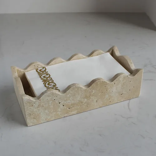 Vista 7 de Portatollas para invitados de travertino natural de 9.8" × 4.9" para baño, portaservilletas rectangular con borde festoneado, bandeja para toallas
