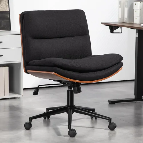 Vista 9 de Silla de oficina moderna sin brazos de nogal con ruedas, silla ejecutiva de cuero PU ajustable de giro amplio, silla de computadora ergonómica