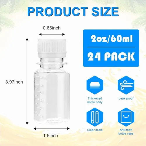 Vista 2 de Juego de 24 botellas pequeñas de jengibre de 2 onzas White Screw Lid Vials, Beverage Container Freezer Safe, Leak Proof Reusable Clear Shot Jars