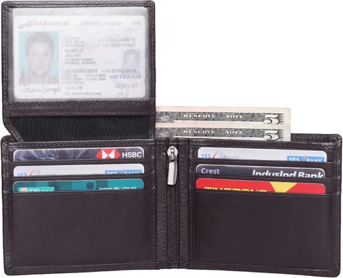 Vista 8 de Succor Cartera India de piel de alta calidad, 9 tarjetero, cremallera media, Marrón, Bifold