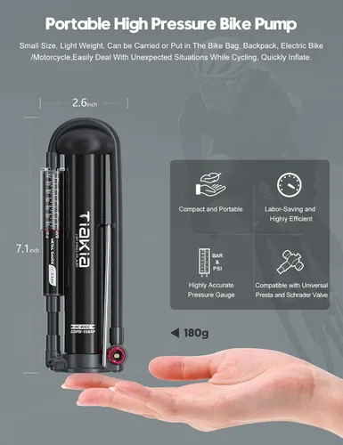 Vista 2 de Bomba de Bicicleta Tiakia con Medidor, Bomba de Bicicleta de Alta Presión, Bomba de Aire Manual Portátil de Alto Volumen Compatible con Válvulas
