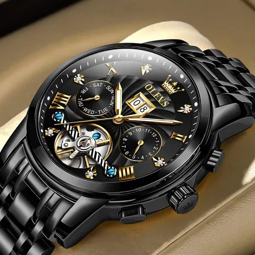 Vista 2 de OLEVS Relojes automáticos para hombres, reloj de pulsera mecánico de esqueleto de lujo dorado con cuerda automática, diamante luminoso, impermeable