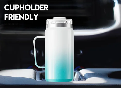 Vista 4 de Meoky Vaso de viaje de acero inoxidable de 40 onzas con asa, taza de viaje de acero inoxidable con tapa para sorber 2 en 1, taza de café aislada al