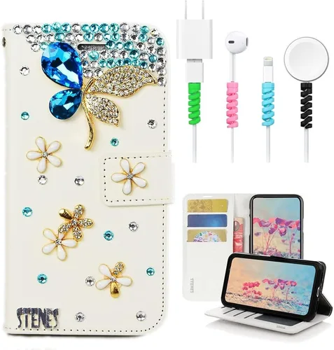 Vista 9 de Bling - Funda tipo cartera compatible con iPod Touch de 7ª generación (2019), elegante, diseño 3D hecho a mano de libélula y mariposa, funda de Azul
