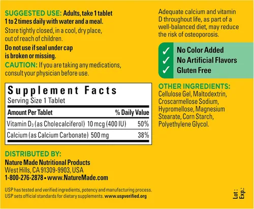 Vista 8 de Calcio Nature Made de 500 mg con vitamina D3, suplemento dietético para el apoyo óseo, 130 tabletas
