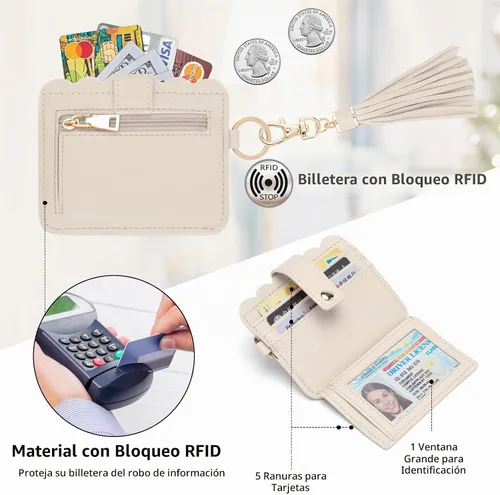 Vista 4 de Cartera de pulsera para mujer con llavero – Tarjetero RFID pequeña cartera con llavero Beige