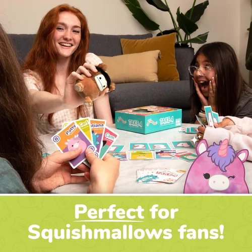Vista 2 de Squishmallows Take4 de juegos relacionables, emocionantes, juegos de mesa y juegos de cartas para reuniones familiares, ideal