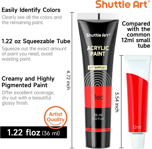Vista 3 de Juego de pintura acrílica de 30 colores Shuttle Art, tubos de 36 ml con 3 pinceles, pintura acrílica de grado artista, para niños, adultos