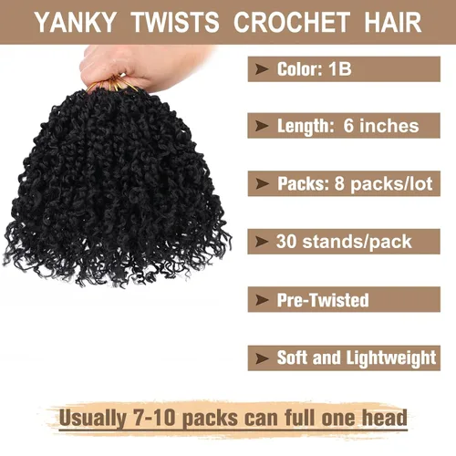 Vista 2 de COOKOO 6 pulgadas 8 paquetes Cabello de Ganchillo Pre-enrollado Yanky Twist para Mujeres Negro Natural Mini Passion Twists Pre-retorcido Cabello