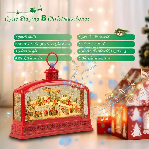 Vista 6 de Globos de Nieve Grandes de Navidad, 10.83" Globo de Nieve Eléctrico con Luz Roja que se Ilumina Pueblo Navideño, 8 Canciones Festivas Temporizador