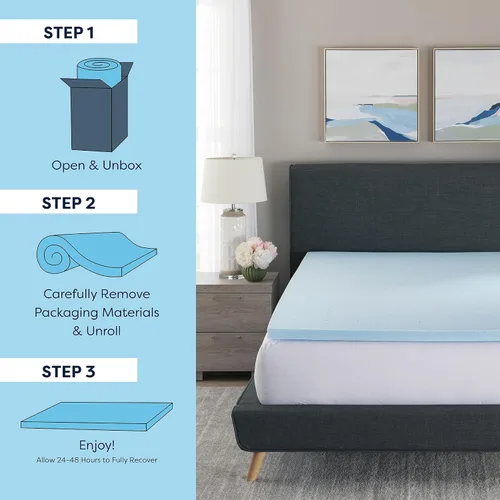 Vista 2 de Cubrecolchón de espuma viscoelástica de 3 pulgadas, con infusión de gel, diseño ventilado, espuma certificada CertiPUR-US, color azul