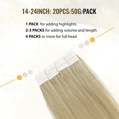 Vista 4 de Extensiones adhesivas rubias de cabello humano brasileño grado 9A, #60 rubio platino, cinta en 12 pulgadas, 20 unidades por juego, extensiones